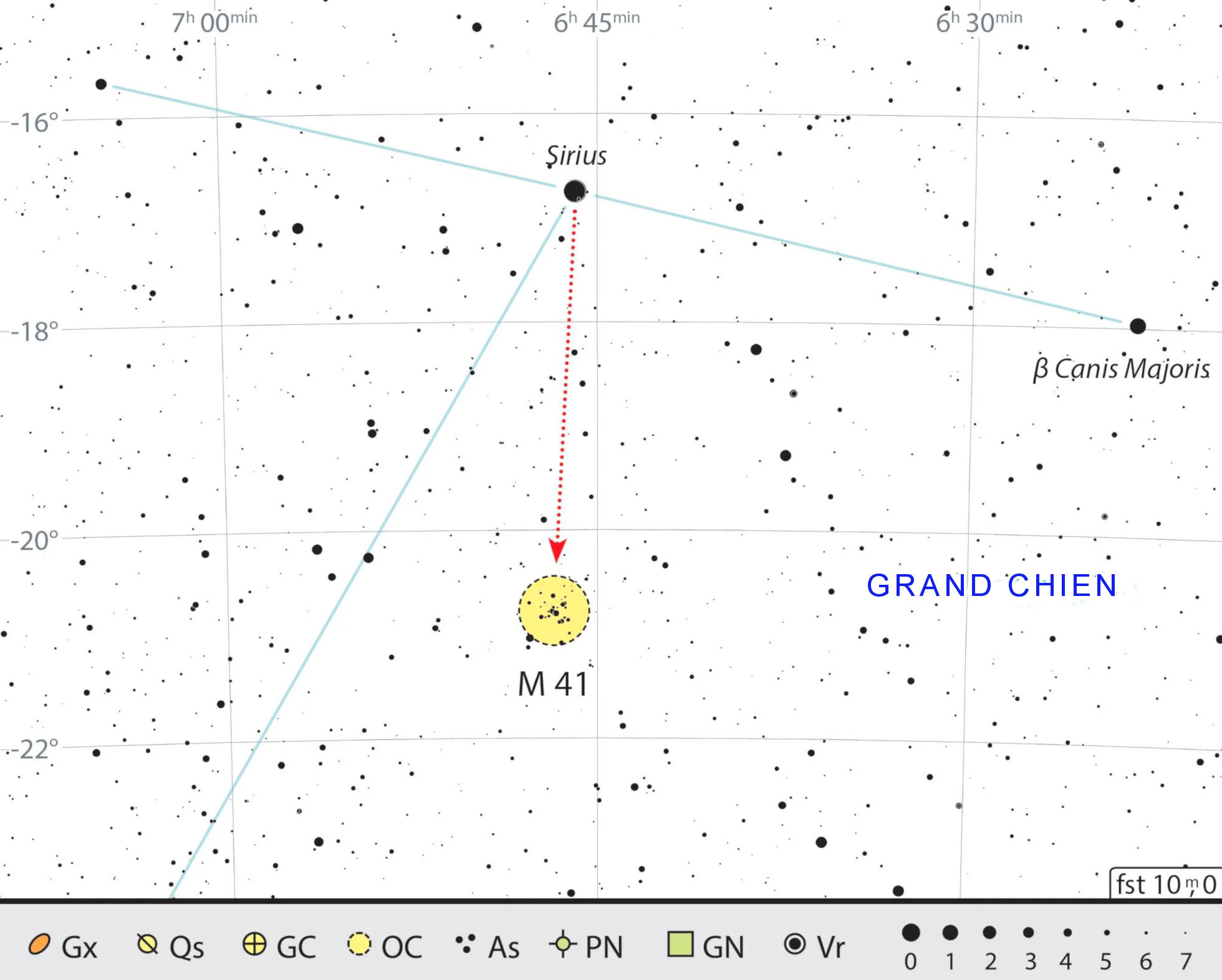 Carte de recherche de Messier 41 dans la constellation du Grand Chien. J. Scholten